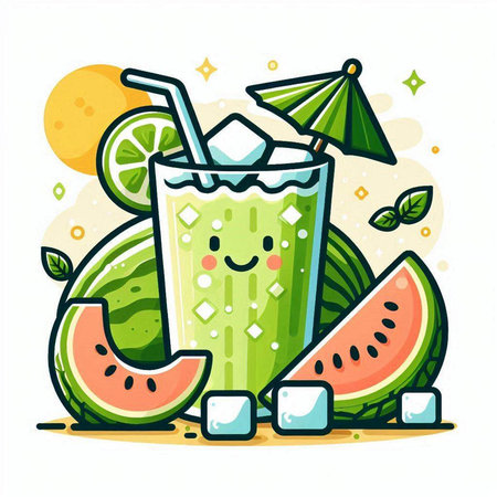 Smiling watermelon smoothie with ice cubes and straw. Vector illustration.のイラスト素材