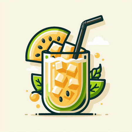 Cocktail with melon and ice. Vector illustration in flat style.のイラスト素材