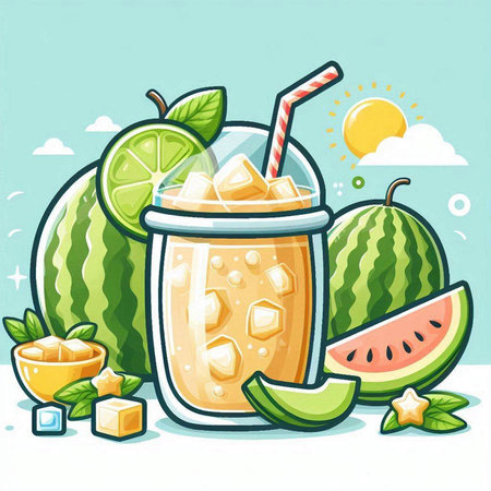 Vector illustration of a glass of melon smoothie with ice cubes and mint.のイラスト素材