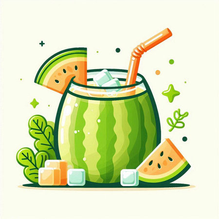 Watermelon smoothie with ice cubes and mint leaves, vector illustrationのイラスト素材