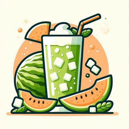 Watermelon smoothie with ice cubes and mint. Vector illustration.のイラスト素材