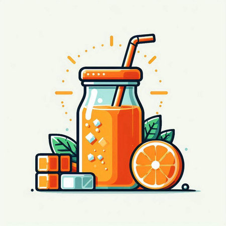 Orange smoothie in a glass bottle with a straw and cubes of sugar. Vector illustration.のイラスト素材