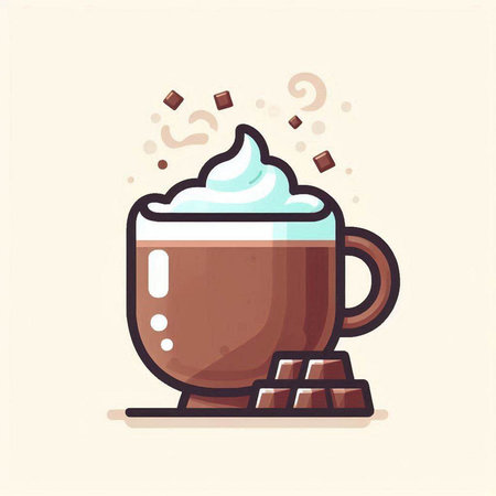 Hot chocolate with whipped cream and cocoa powder. Vector illustration in cartoon style.のイラスト素材