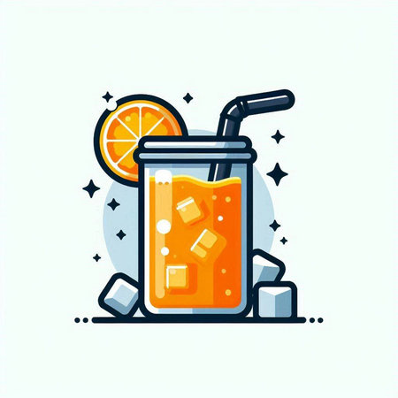 Orange juice in a glass with ice cubes and straw. Vector illustration.のイラスト素材