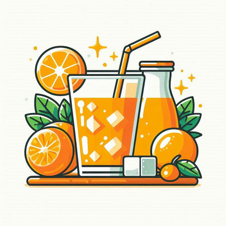 Orange juice in a glass with a straw. Vector illustration in flat style.のイラスト素材