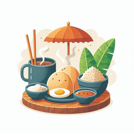 Illustration set of Chinese food, rice, fried egg, hot tea and chopsticks on wooden tray.のイラスト素材