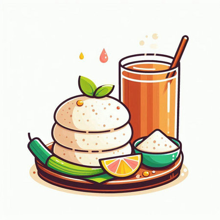 Pancakes and orange juice on white background. Vector illustration.のイラスト素材