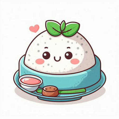 Cute cartoon rice ball on plate with sauce. Vector illustration.のイラスト素材