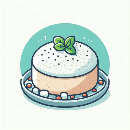 Piece of cake with cream and mint on a plate. Vector illustration.のイラスト素材