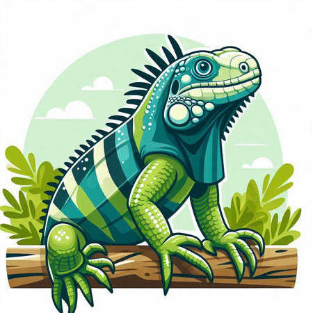 Green iguana on a branch in the garden. Vector illustration.のイラスト素材