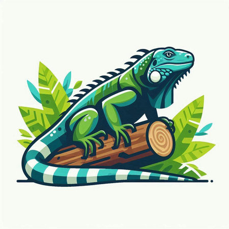 Green iguana on a log in the jungle. Vector illustration.のイラスト素材