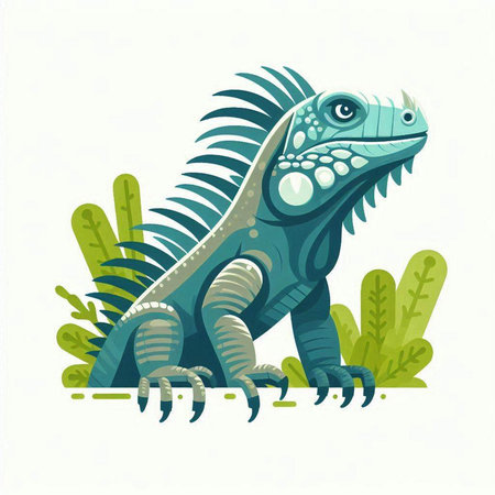 Green iguana isolated on white background. Cartoon style. Vector illustration.のイラスト素材