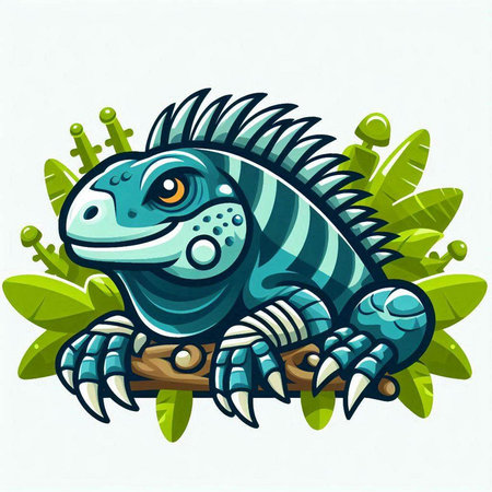 Blue iguana with green leaves on white background. Vector illustration.のイラスト素材