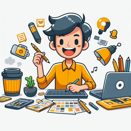 Vector illustration of a man working at his desk with a lot of office suppliesのイラスト素材