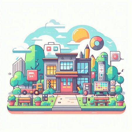 City landscape with buildings, trees and street. Vector illustration in flat styleのイラスト素材