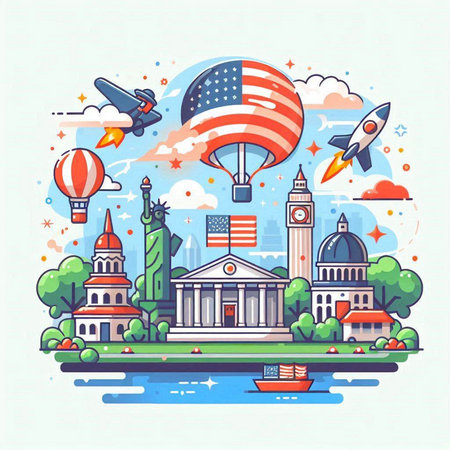United States of America. Vector illustration in flat linear style. Travel and tourism.のイラスト素材