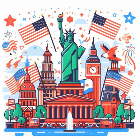 American symbols. Statue of Liberty, the Statue of Liberty, the Statue of Liberty and the United States of America flag. Vector illustration.のイラスト素材