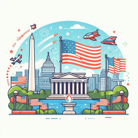 Washington DC skyline with American symbols. Vector illustration in flat style.のイラスト素材