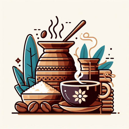 Coffee set. Vector illustration in flat style. Hand drawn cup of coffee, beans, teapot.のイラスト素材