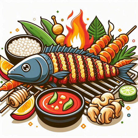 Illustration of a Fish and Vegetables on a Barbecue Grillのイラスト素材