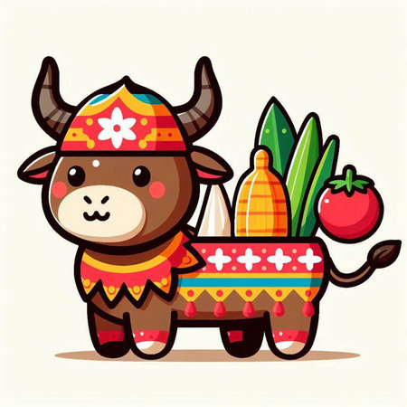 Cute cow with vegetables and fruits. Vector cartoon character illustration.のイラスト素材