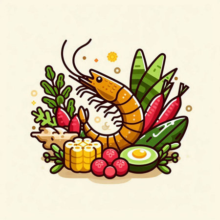 Illustration of Shrimp and Vegetables. Vector Illustration.のイラスト素材