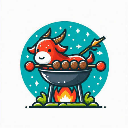 Vector illustration of a cute bull roasting meat on barbecue grill.のイラスト素材