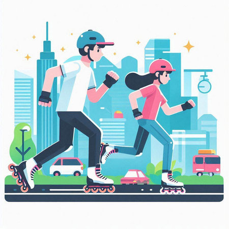 Man and woman rollerblading in the city. Vector illustration.のイラスト素材