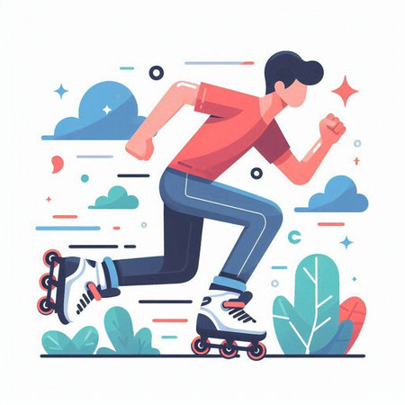 Young woman rollerblading in the park. Vector flat illustration.のイラスト素材