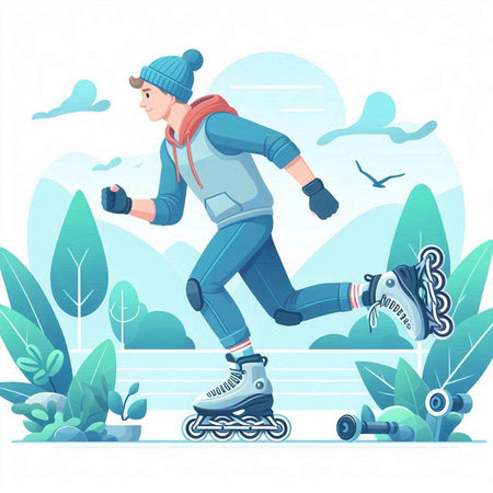 Vector illustration of a young man rollerblading in the park.のイラスト素材