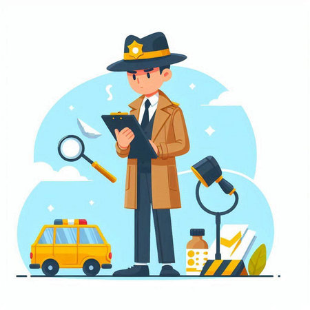 Police detective flat vector illustration. Cartoon policeman in hat and coat with magnifying glass searching for evidence. Law and justice conceptのイラスト素材