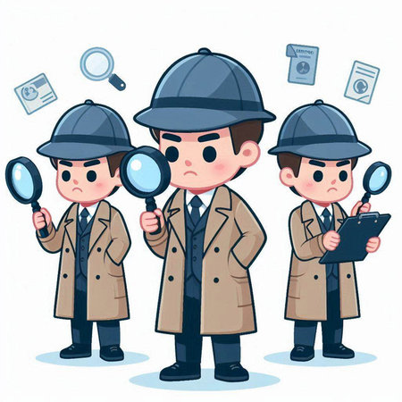 Detective man with magnifying glass and document. Vector illustration.のイラスト素材
