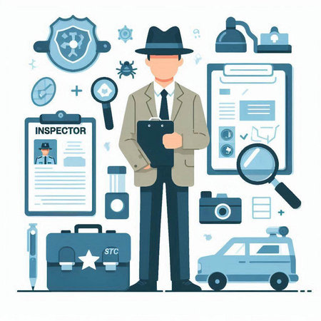 Vector illustration of a detective with a tablet in his hands. The concept of detective workのイラスト素材