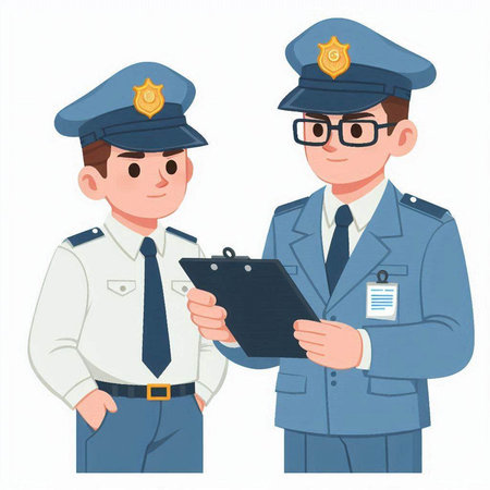 Police officer and policewoman with clipboard. Vector illustration in cartoon style.のイラスト素材