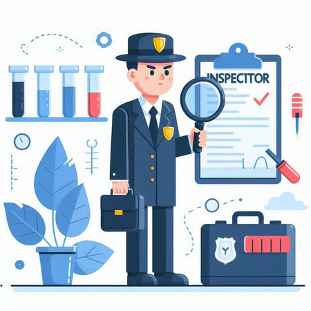 Police officer with magnifying glass and tools. Flat style vector illustration.のイラスト素材