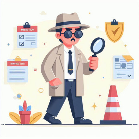 Cartoon detective with magnifying glass. Vector illustration in flat styleのイラスト素材