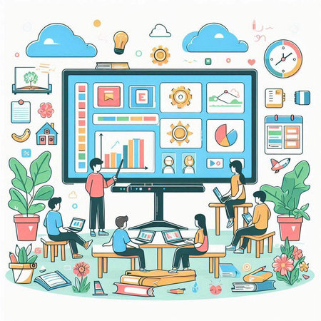 Flat design modern vector illustration concept of online education, e-learning, distance learning, webinar, video conference.のイラスト素材