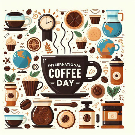 International Coffee Day poster with coffee cup and coffee beans. Vector illustrationのイラスト素材