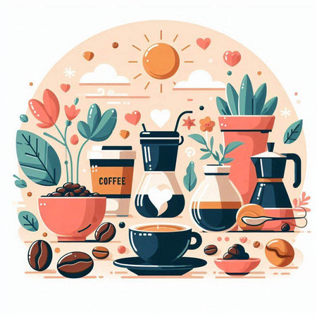 Coffee time. Vector flat illustration with coffee beans, cups, moka pot, flowers, sun, clouds.のイラスト素材