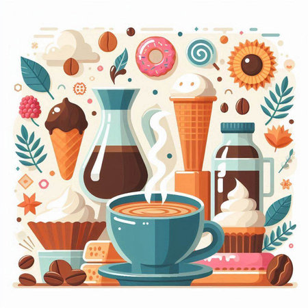 Coffee and sweets flat vector illustration. Coffee shop, cafe, restaurant menu design. Hot latte, cappuccino, latte macchiato, cappuccino, coffee beans, chocolate, ice cream, donut.のイラスト素材