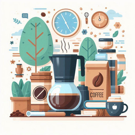 Coffee time concept with coffee pot, coffee cup, coffee beans, leaves, clock, plant and other elements. Flat vector illustration.のイラスト素材
