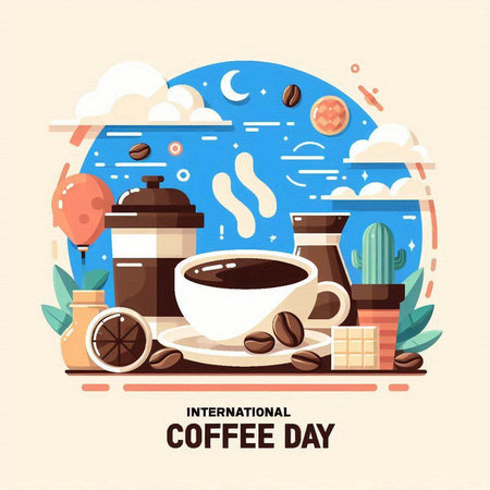 International Coffee Day. Vector illustration in flat design style with coffee cup, pot, beans, cactus.のイラスト素材