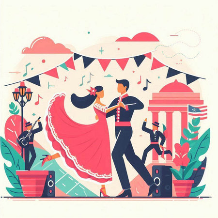 Couple dancing flamenco in the park. Vector illustration.のイラスト素材