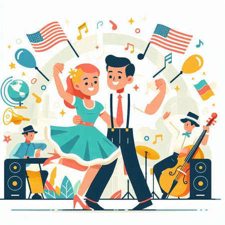Couple in love dancing on the background of the United States flag. Vector illustrationのイラスト素材