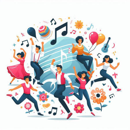 Happy people dancing and listening to music. Vector illustration in cartoon styleのイラスト素材