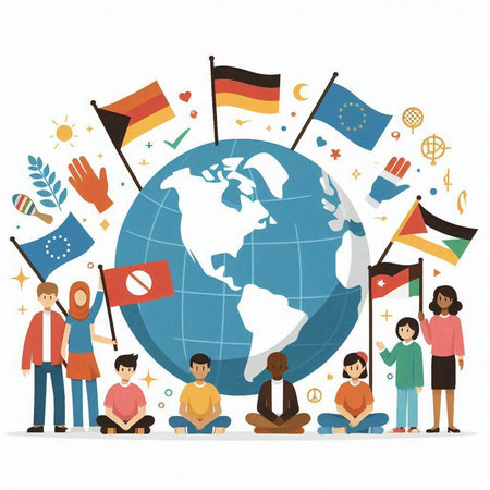People with flags around the globe. Vector illustration in flat style.のイラスト素材