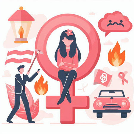 Gender equality concept vector illustration. Woman in pink female gender symbol surrounded by icons.のイラスト素材