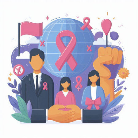 Breast cancer awareness campaign. Vector illustration in flat cartoon style.のイラスト素材