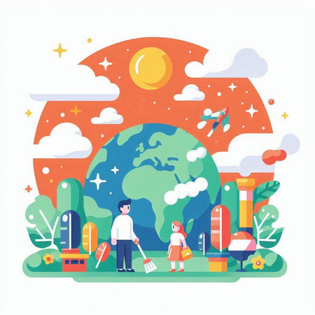 Happy family with children playing in the park. Flat vector illustration.のイラスト素材