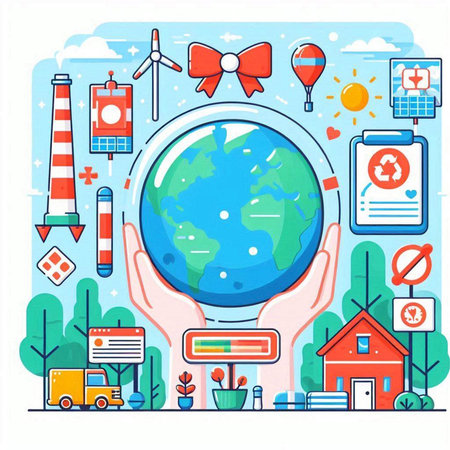 Vector illustration of environment protection concept with earth globe in hands. Flat line art design.のイラスト素材